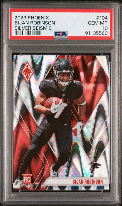 Graded 2023 Panini Phoenix Bijan Robinson #104 Silver Seismic Rookie RC Football Card PSA 10 Gem Mint