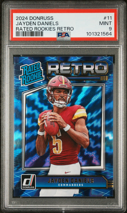 Graded 2024 Panini Donruss Jayden Daniels #11 Rated Rookies Retro Rookie RC Football Card PSA 9 Mint