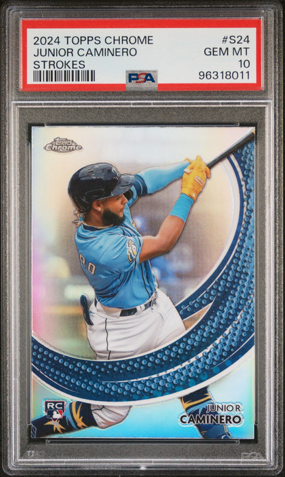 Graded 2024 Topps Chrome Junior Caminero #S24 Strokes Rookie RC Baseball Card PSA 10 Gem Mint