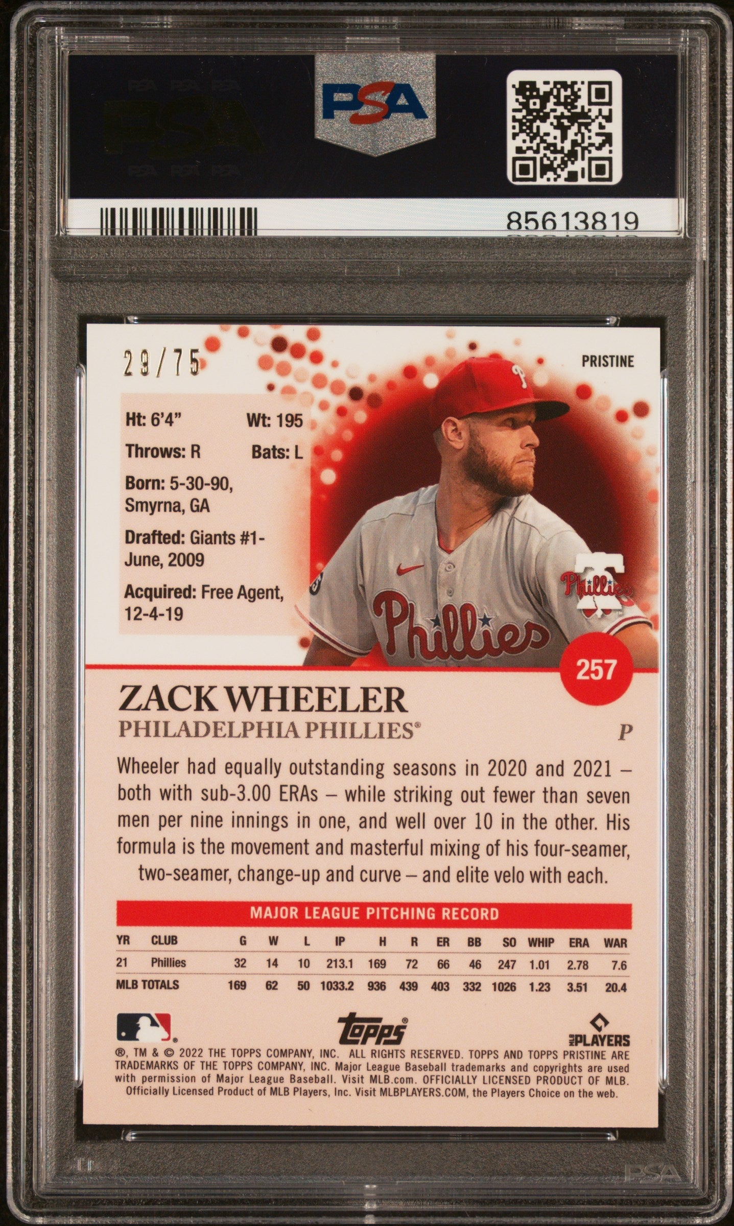 Graded 2022 Topps Pristine Zack Wheeler #257 Pristine Blue Refractor #/75 Baseball Card PSA 10 Gem Mint