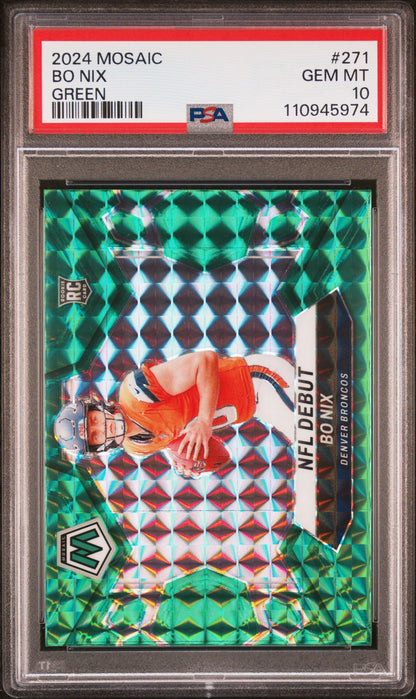 Graded 2024 Panini Mosaic Bo Nix #271 Green Rookie RC Football Card PSA 10 Gem Mint