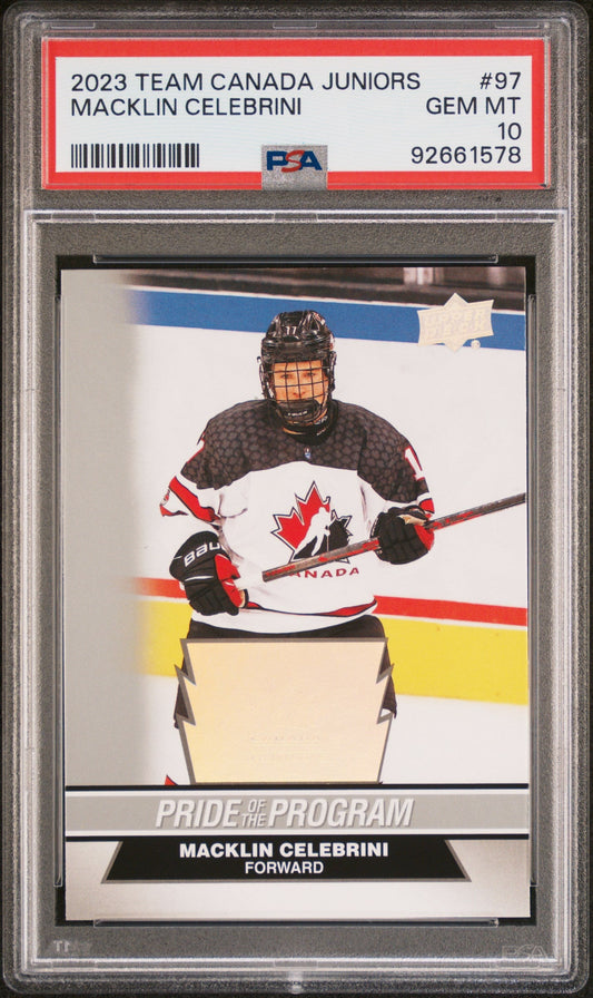 Graded 2023 Upper Deck Team Canada Juniors Macklin Celebrini #97 Rookie RC Hockey Card PSA 10 Gem Mint