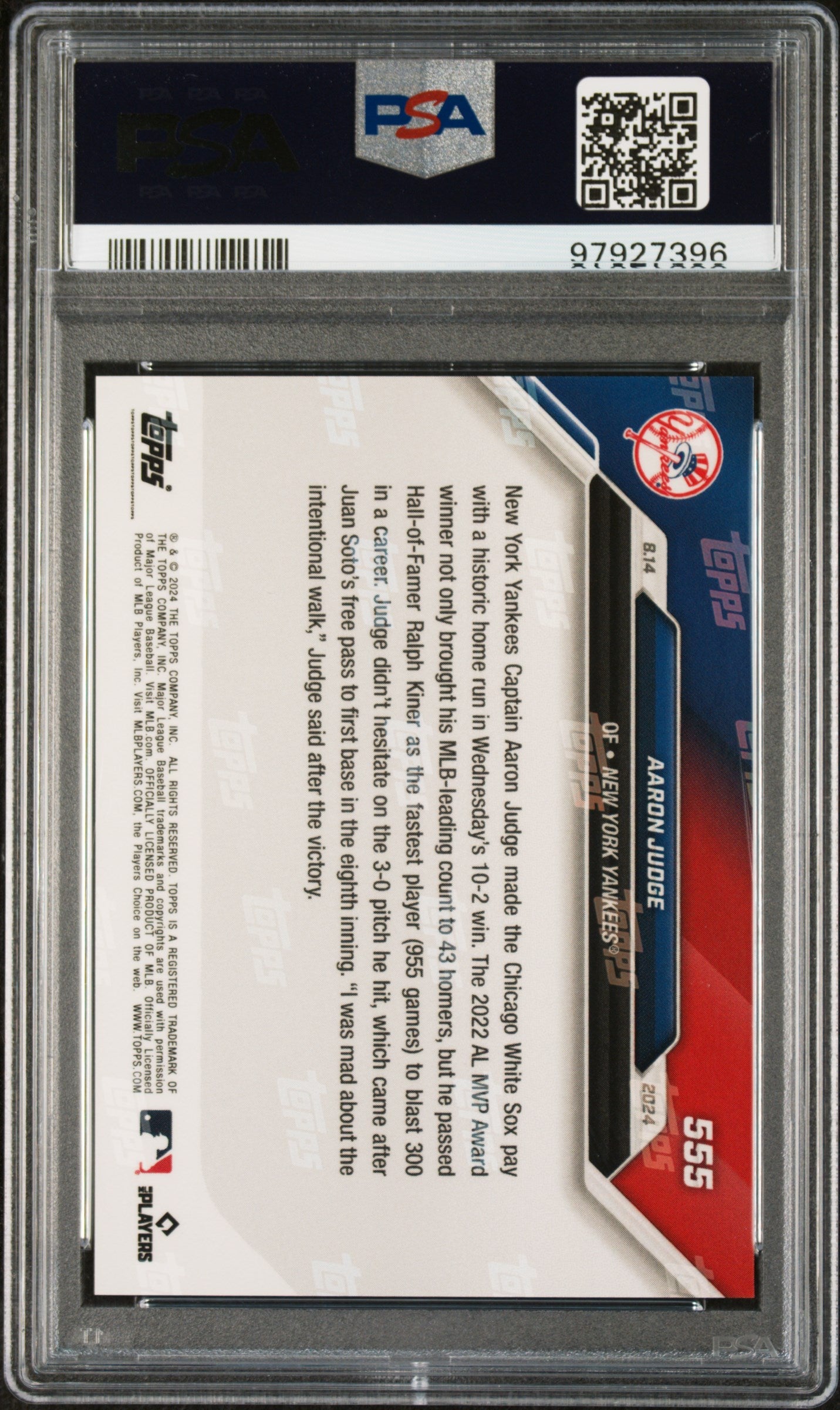Graded 2024 Topps Now Aaron Judge #555 Fastest to 300 HRs Baseball Card PSA 10 Gem Mint