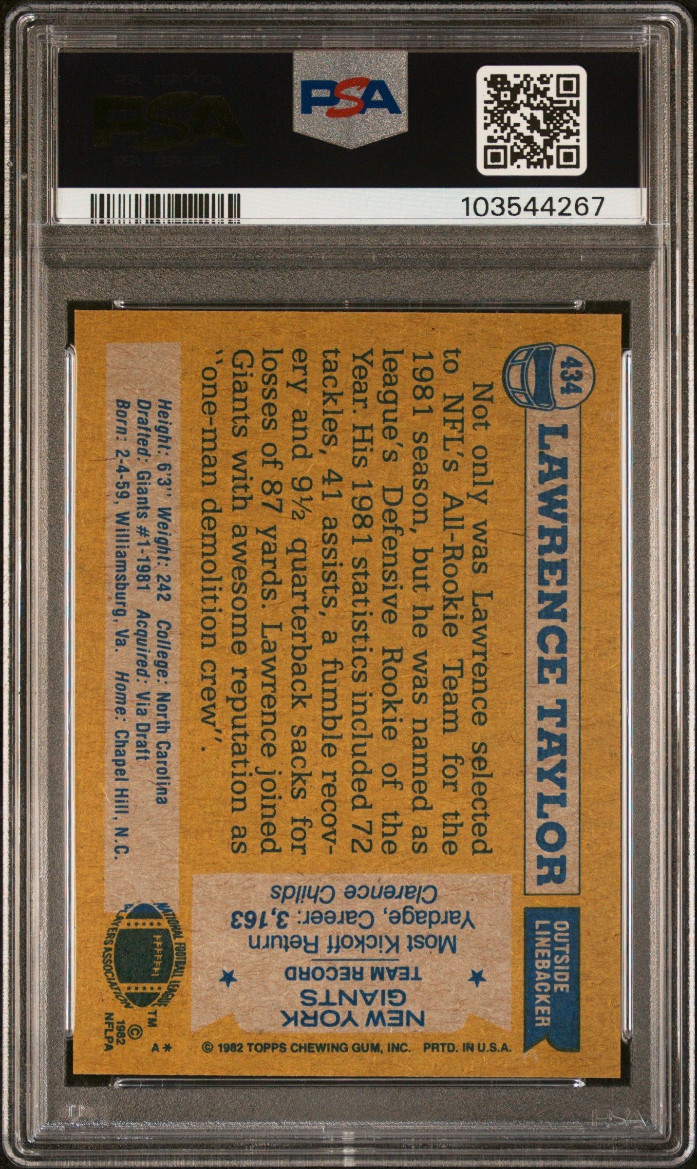 Graded 1982 Topps Lawrence Taylor #434 Rookie RC Football Card PSA 8 Near Mint-Mint