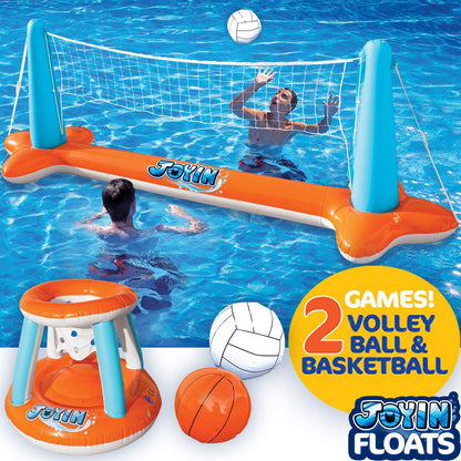 Inflatable Pool Float Volleyball Net & Basketball Hoops Set