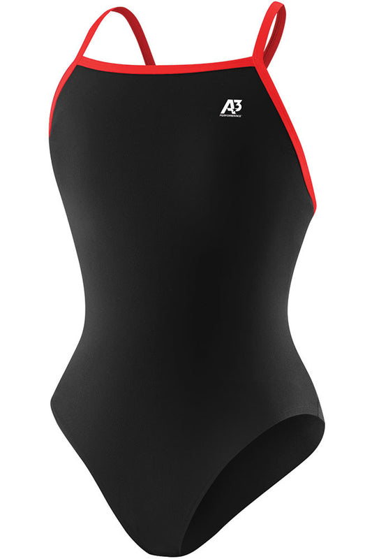 A3 Performance Women's One Piece Swimsuit, Black with Red Trim