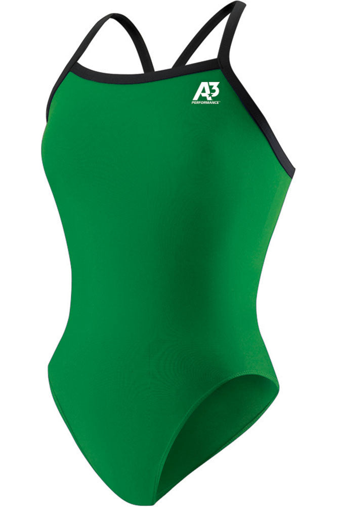 A3 Performance Women's One Piece Swimsuit, Green with Black Trim (26, 28, 32)