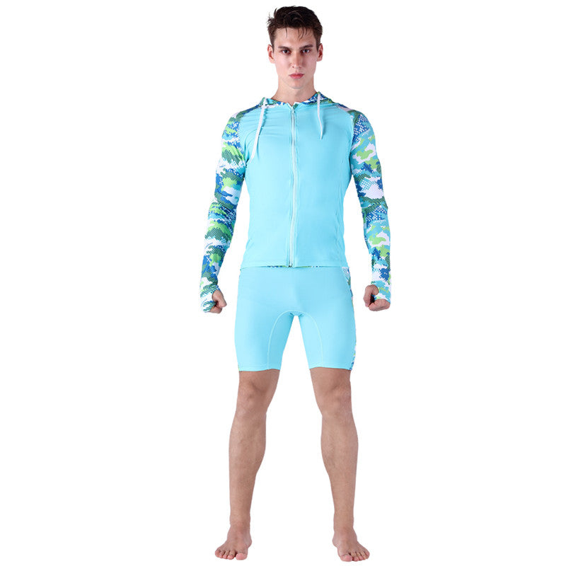 SABOLAY Compression Men's Rash Guard Swimsuit Hooded Shirt with Zipper
