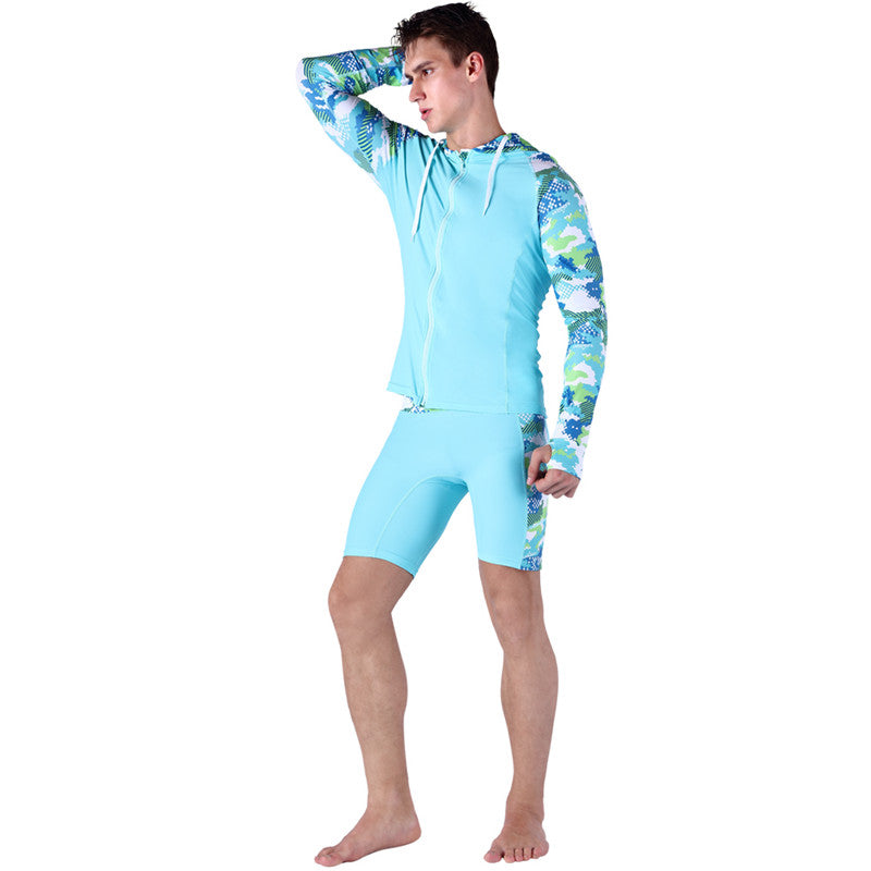 SABOLAY Compression Men's Rash Guard Swimsuit Hooded Shirt with Zipper