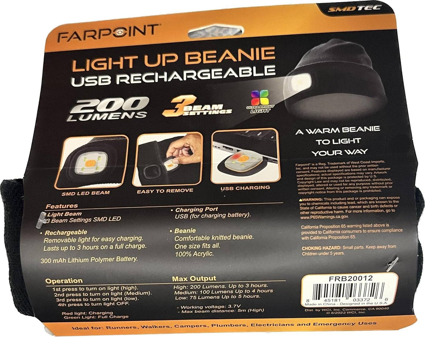 FarPoint Light Up Beanie USB Rechargeable Black